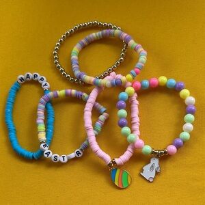Set of 6 Pastel Easter Charm Bracelet Set - Pink, Blue, Yellow, Purple